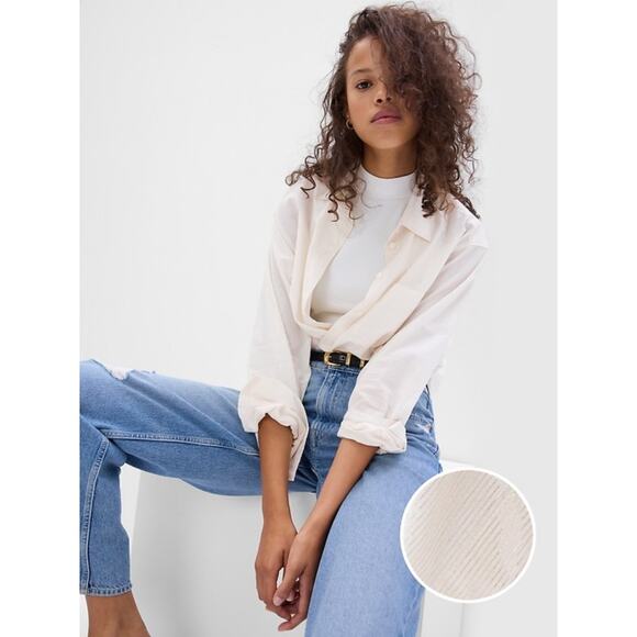 GAP Womens The Big Shirt Size Large Birch Beige Metallic Stripe Button Front - Picture 1 of 12